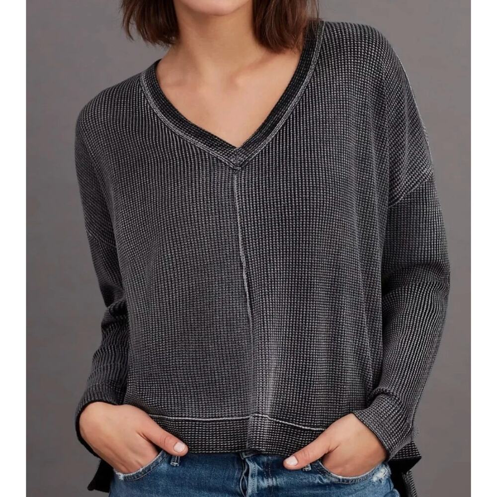 Pilcro Anthropologie Moira Oversized Washedout Black Waffle Knit Long Sleeve Top